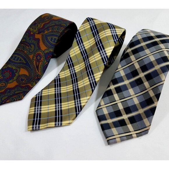 Saddlebred Mens Necktie lot of 3 Gold Navy Plaid Paisley Silk & Silk Blend ties - Picture 1 of 10